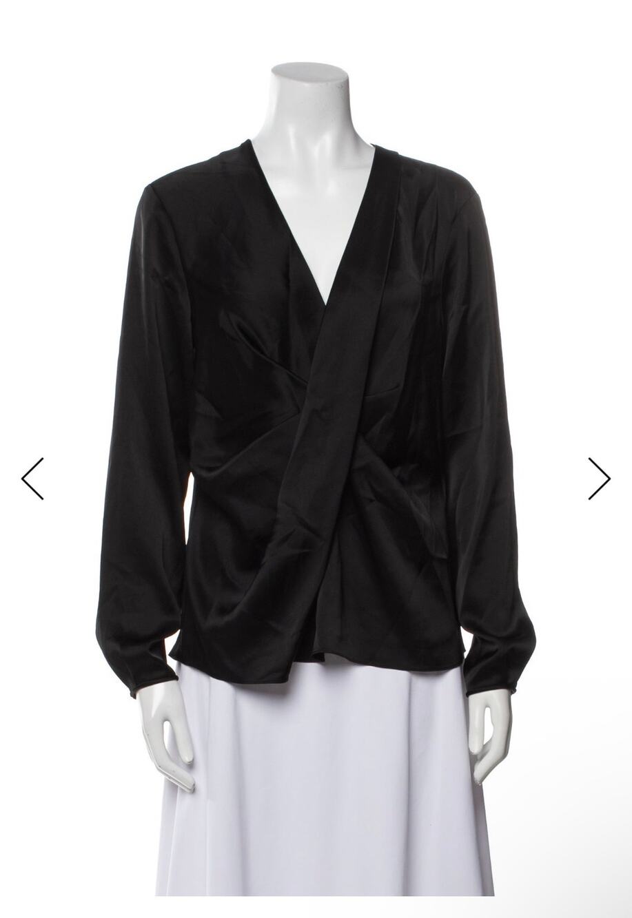 Black Satin Diane von Furstenberg Pleated Drape Front V-Neck Top Size M
